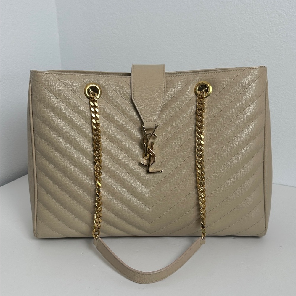 Saint Laurent YSL Monogram Chevron Shopping Tote – Beige with Gold Hardware - Picture 4 of 17